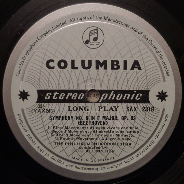 Ludwig van Beethoven - Otto Klemperer Conducting The Philharmonia Orchestra : Symphonies Numbers 1 & 8 (In C Major, Op. 21 And In F Major, Op. 93) (LP,Stereo)