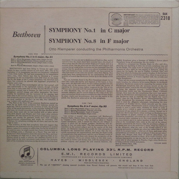 Ludwig van Beethoven - Otto Klemperer Conducting The Philharmonia Orchestra : Symphonies Numbers 1 & 8 (In C Major, Op. 21 And In F Major, Op. 93) (LP,Stereo)