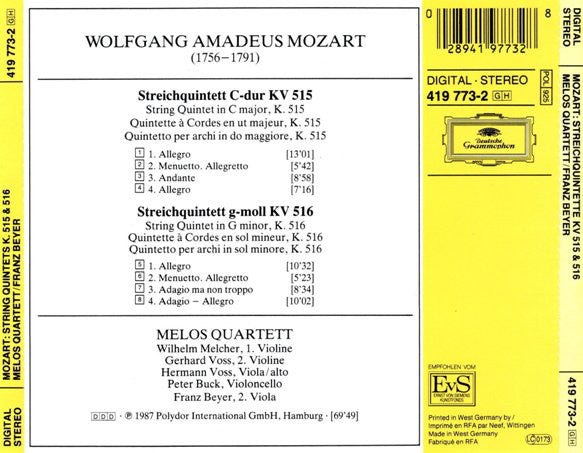 Mozart* / Melos Quartett • Franz Beyer : String Quintets KV 515 & 516 (CD, Album, RE)