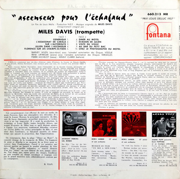 Miles Davis : Ascenseur Pour L'Échafaud (10", Album, cov)