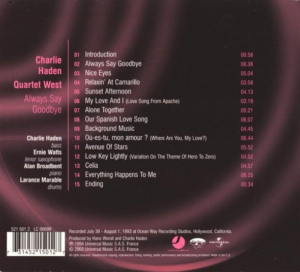 Charlie Haden Quartet West : Always Say Goodbye (CD, Album, RE, RM, Dig)