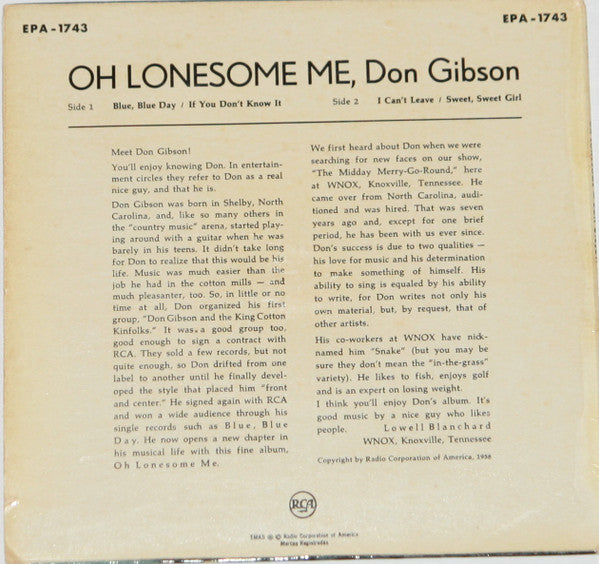 Don Gibson : Oh Lonesome Me (7", EP)