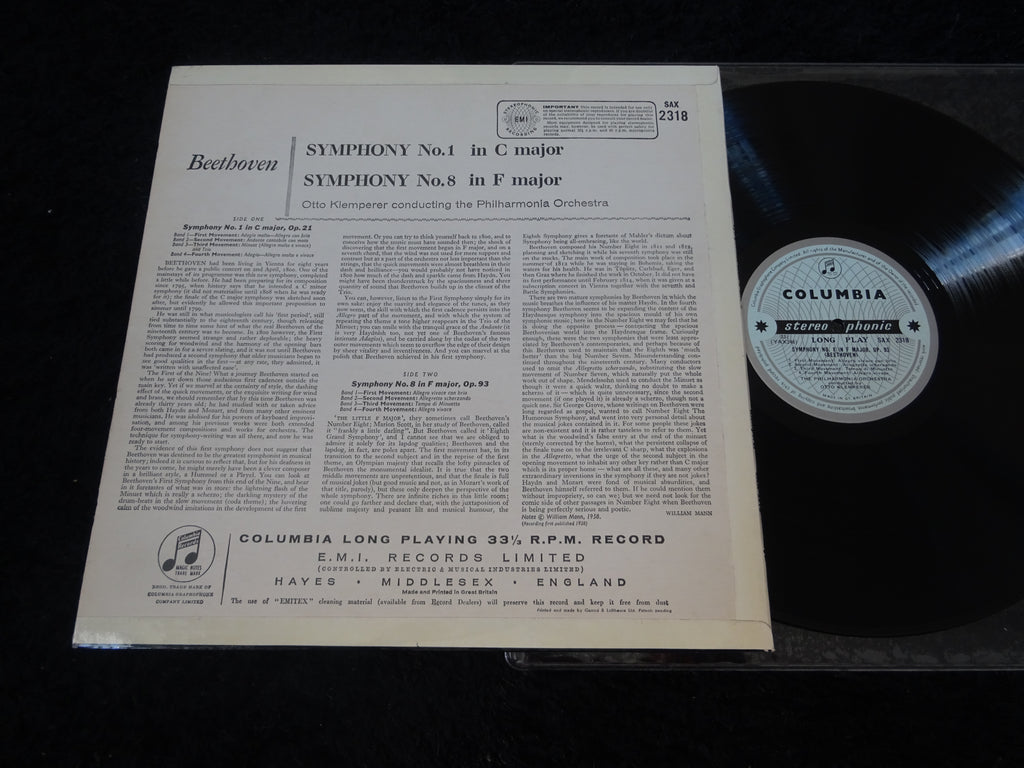 Ludwig van Beethoven - Otto Klemperer Conducting The Philharmonia Orchestra : Symphonies Numbers 1 & 8 (In C Major, Op. 21 And In F Major, Op. 93) (LP,Stereo)