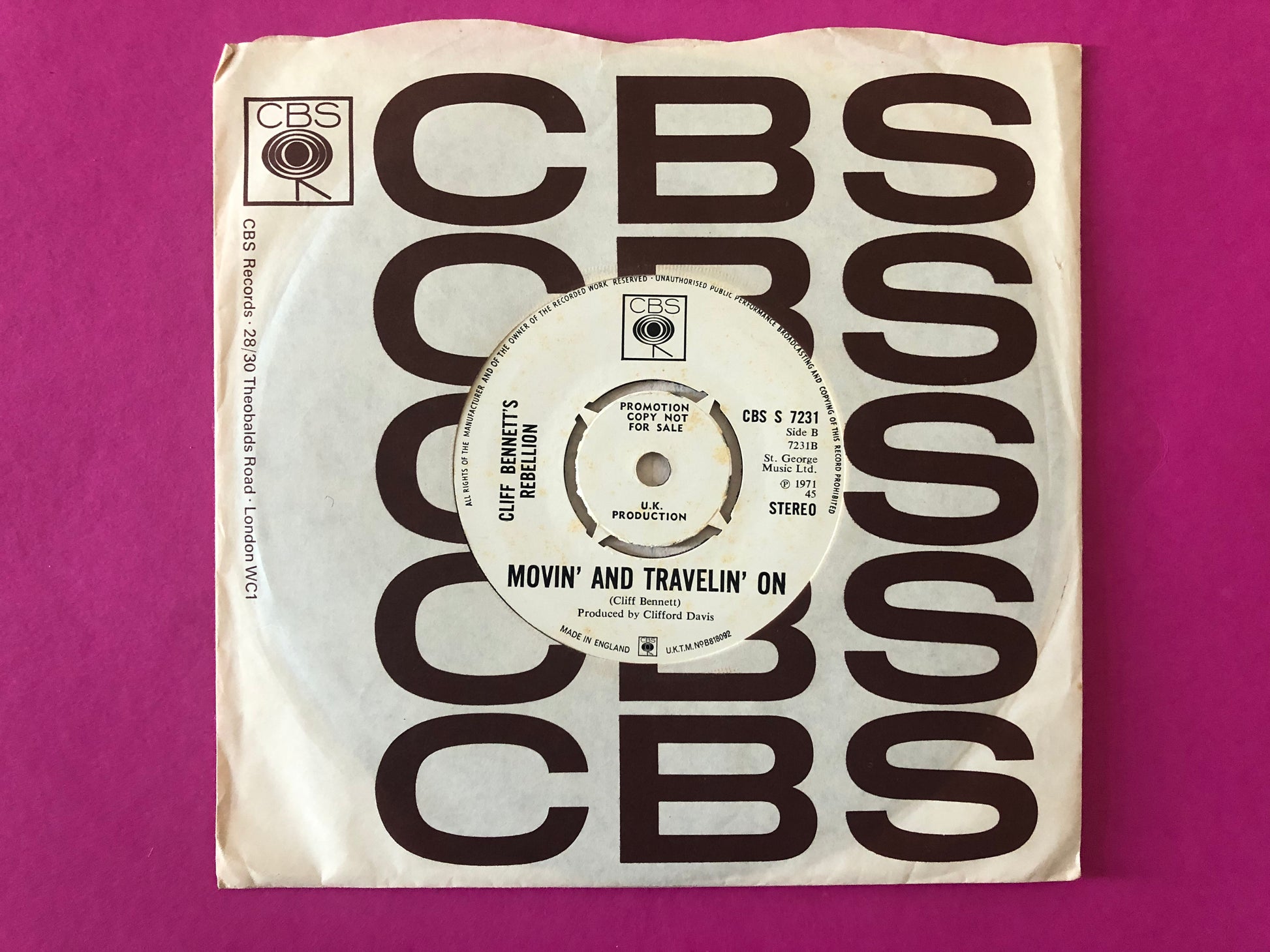 Cliff Bennett's Rebellion : Amos Moses / Movin' And Travelin' On (7", Single, Promo)