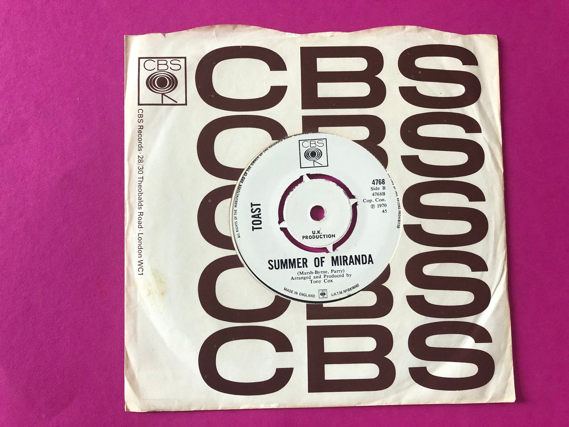 Toast (8) : Flowers Never Bend With The Rainfall (7", Single, Mono, Promo)