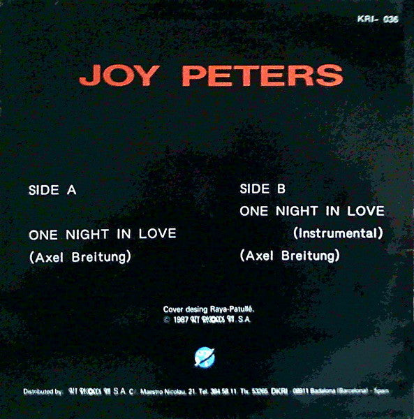 Joy Peters : One Night In Love (12")