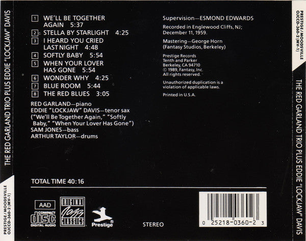 The Red Garland Trio + Eddie "Lockjaw" Davis : Moodsville Volume 1 (CD, Album, RE)