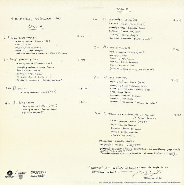 Silvio Rodríguez : Tríptico (Volúmen Dos) (LP, Album)