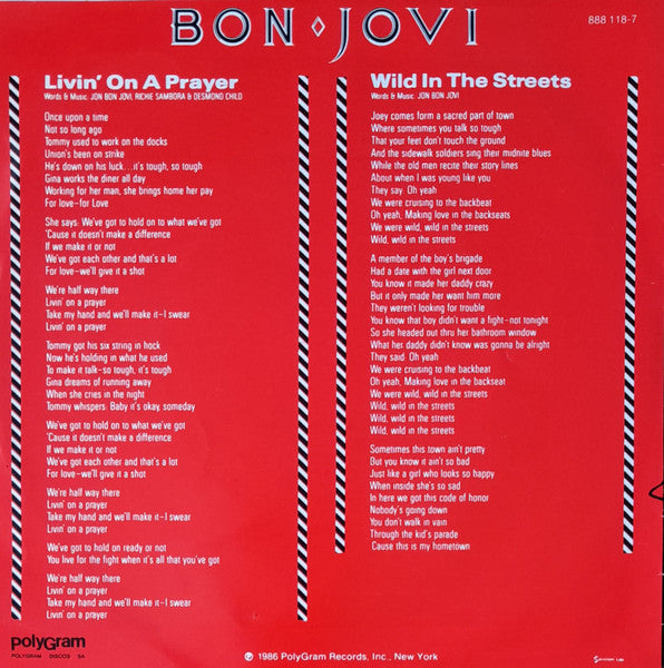 Bon Jovi : Livin' On A Prayer (7", Single)