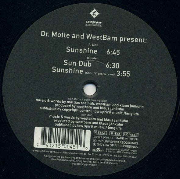Dr. Motte & WestBam : Sunshine (12")