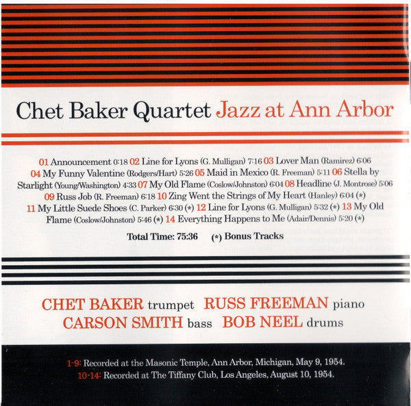 Chet Baker Quartet : Jazz At Ann Arbor (CD, Album)